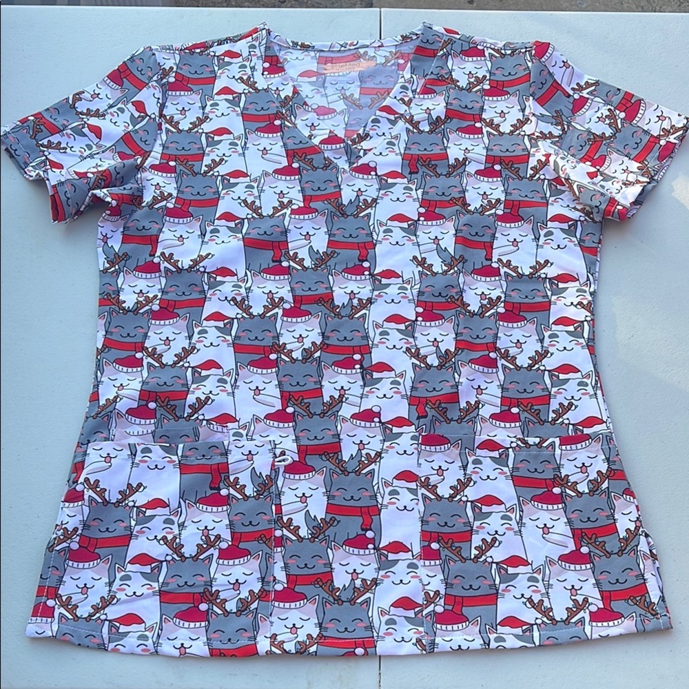 Festive Cat Print Scrub Top